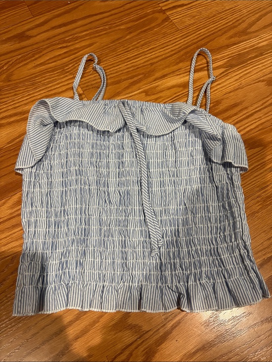 Tops - Smocked Blue-White Striped Ruffle Cami Top